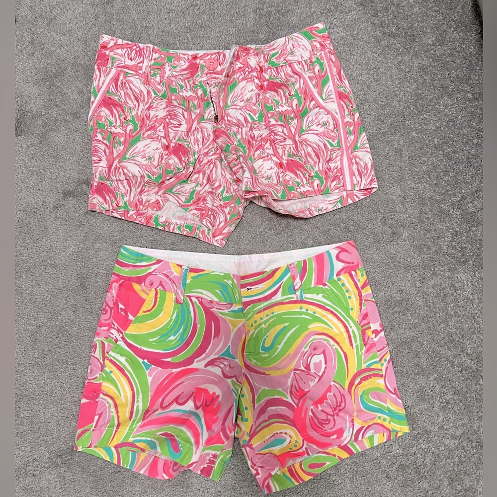 Lilly Pulitzer Pink Green Yellow Swirled & Flamingo Print Women's Shorts Duo